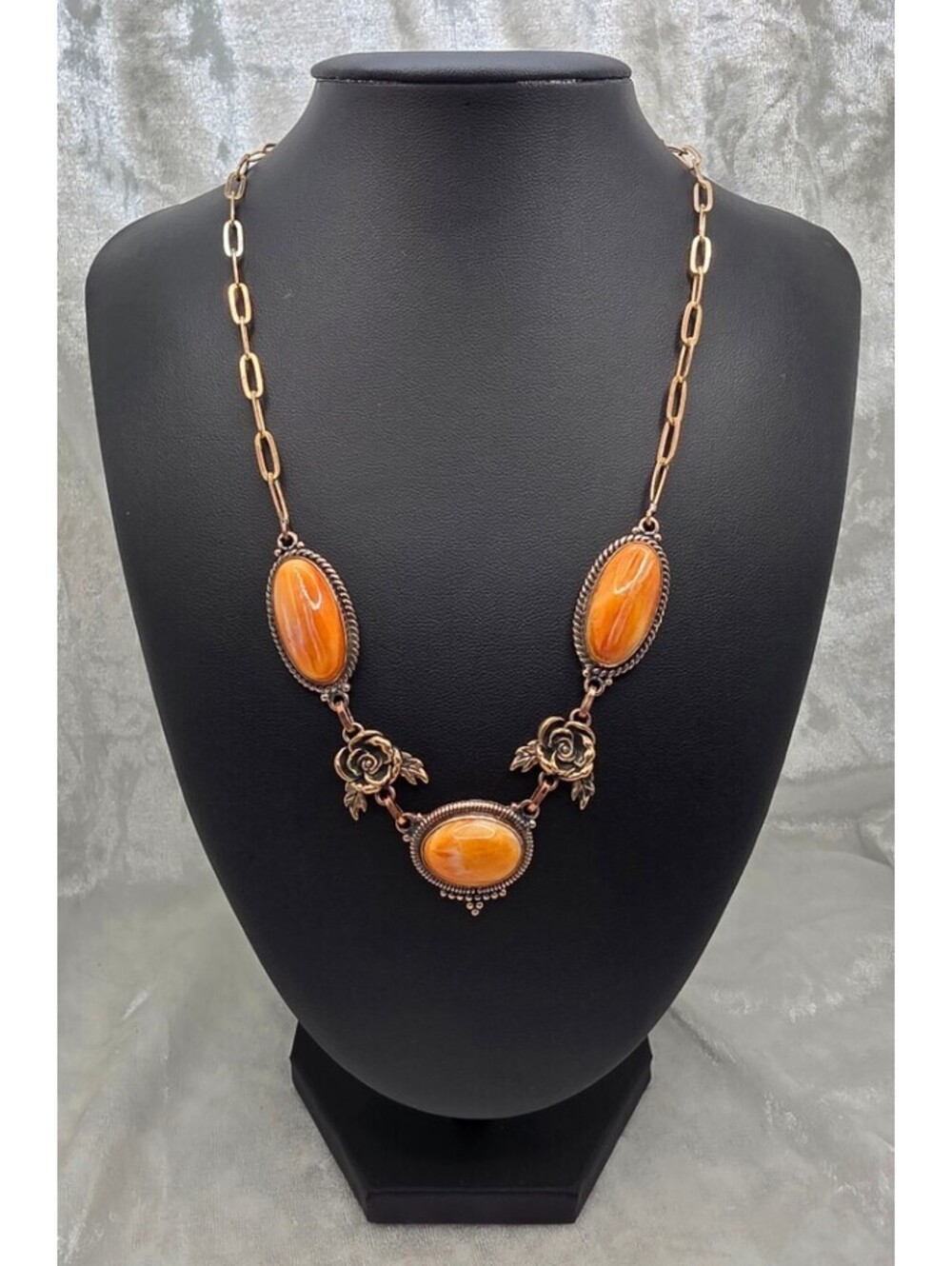 Copper Spiny Oyster Necklace Orange Stone Floral Rose Statement Jewelry 18–20 In